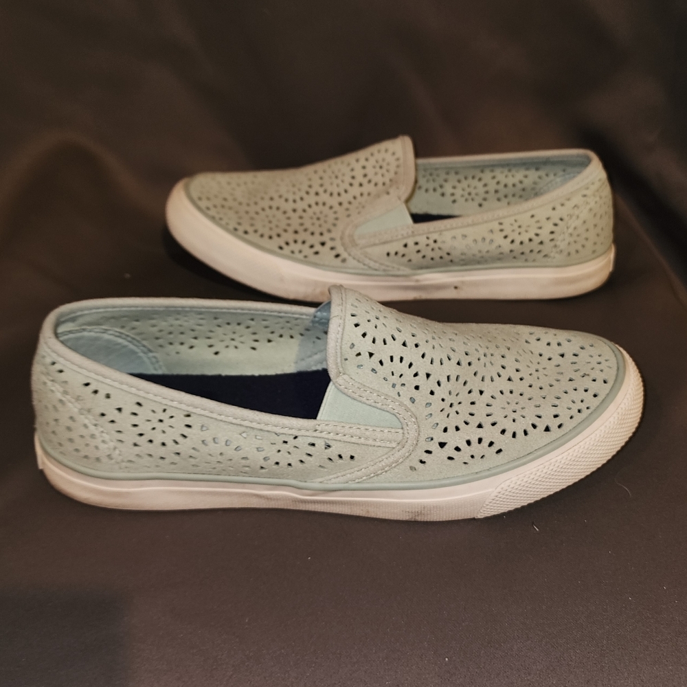 Sperry Gray Seaside Nautical Suede Cut Out Sneakers Size 9 - Preowned in Good - Picture 3 of 7